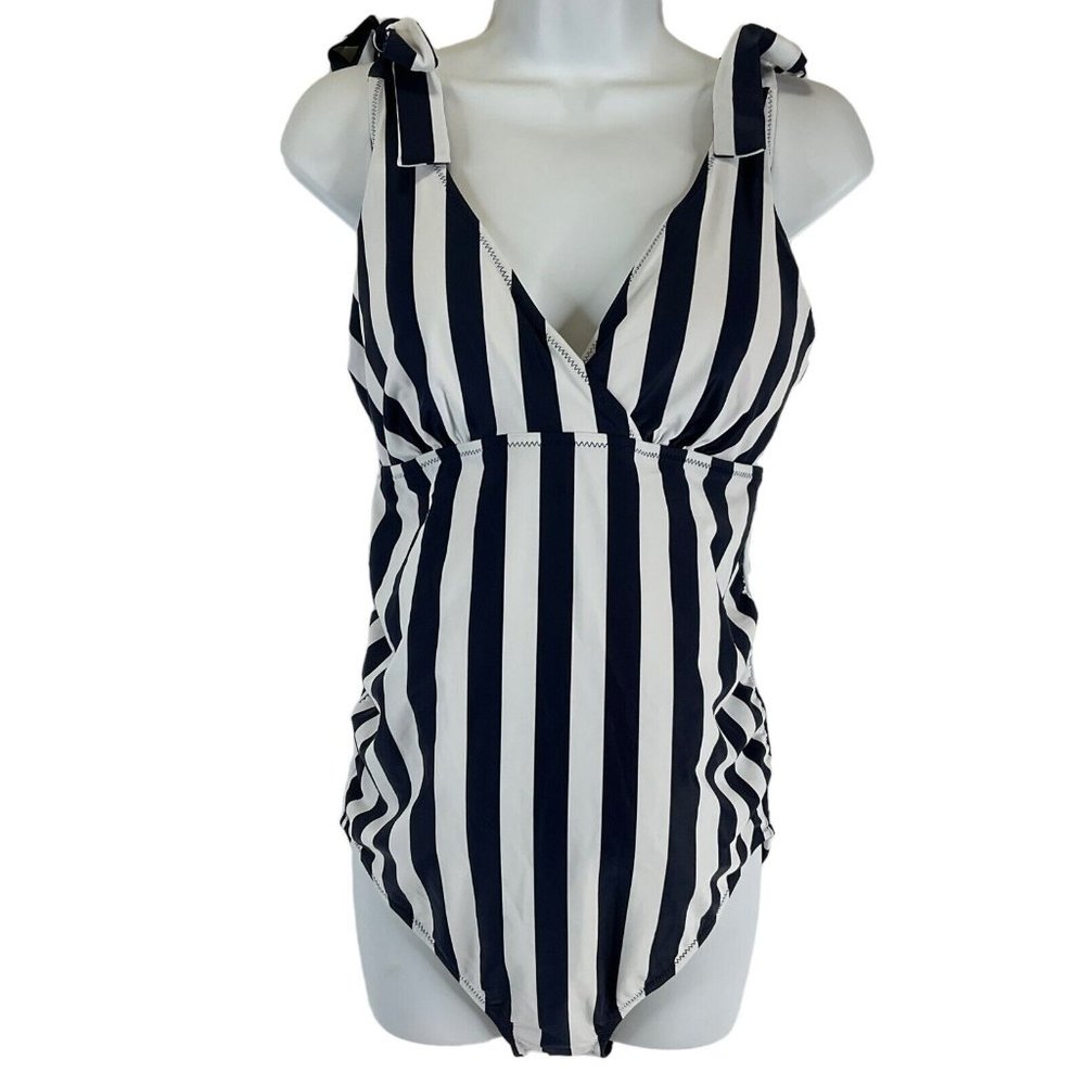 A Pea In The Pod Swimsuit Womens M Blue Striped 1 Pc Maternity UPF 50+ $105 Nwt - Picture 3 of 16